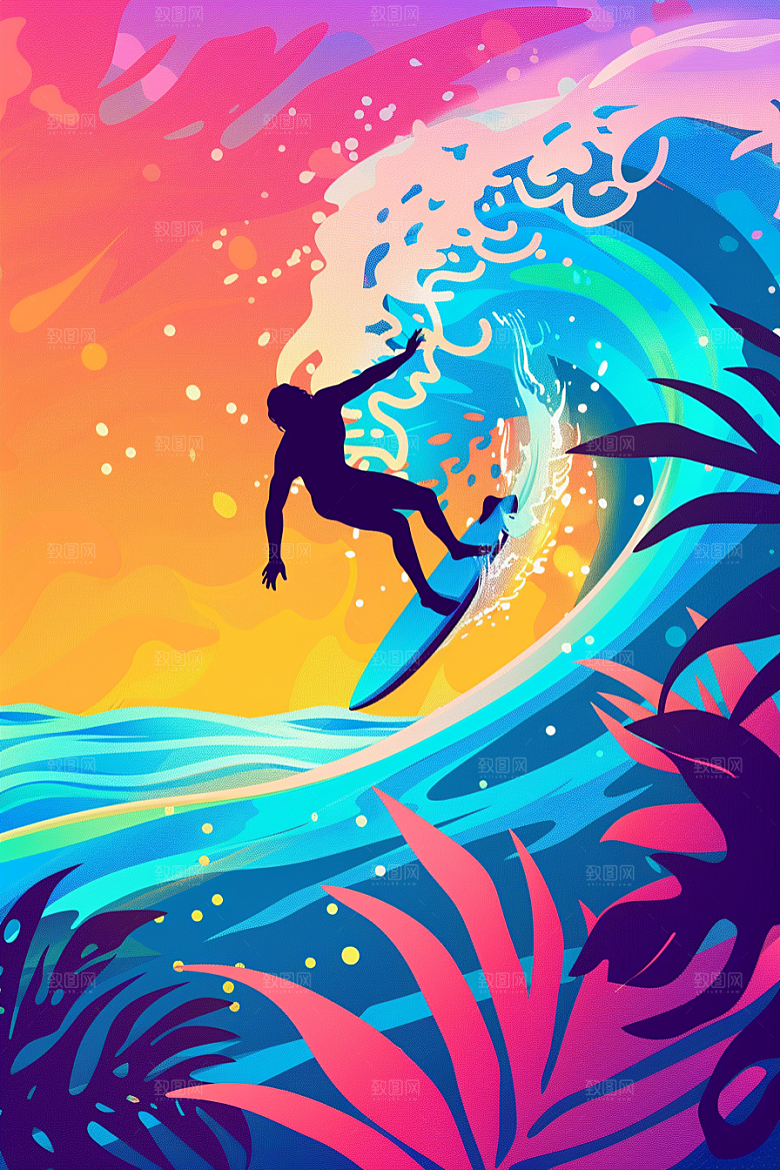 扁平风冲浪水上运动自然插画