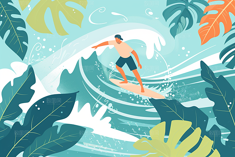 扁平风冲浪清新夏天插画