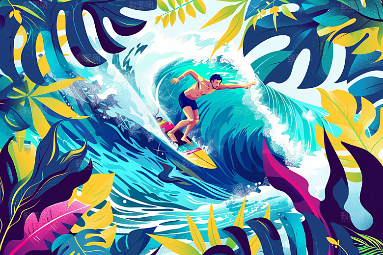 扁平风冲浪自然水上运动插画