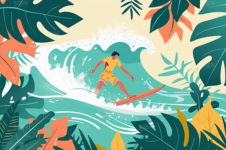 扁平风冲浪夏天清新插画