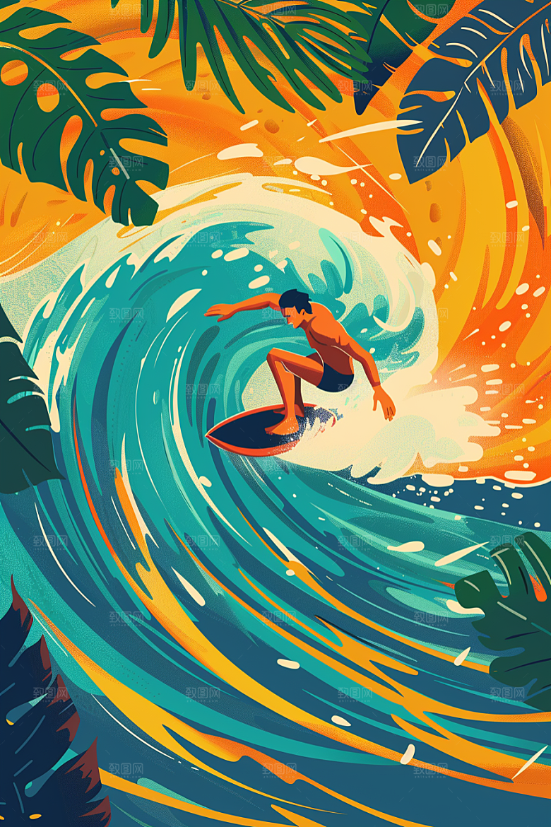 扁平风冲浪INS风玩水插画