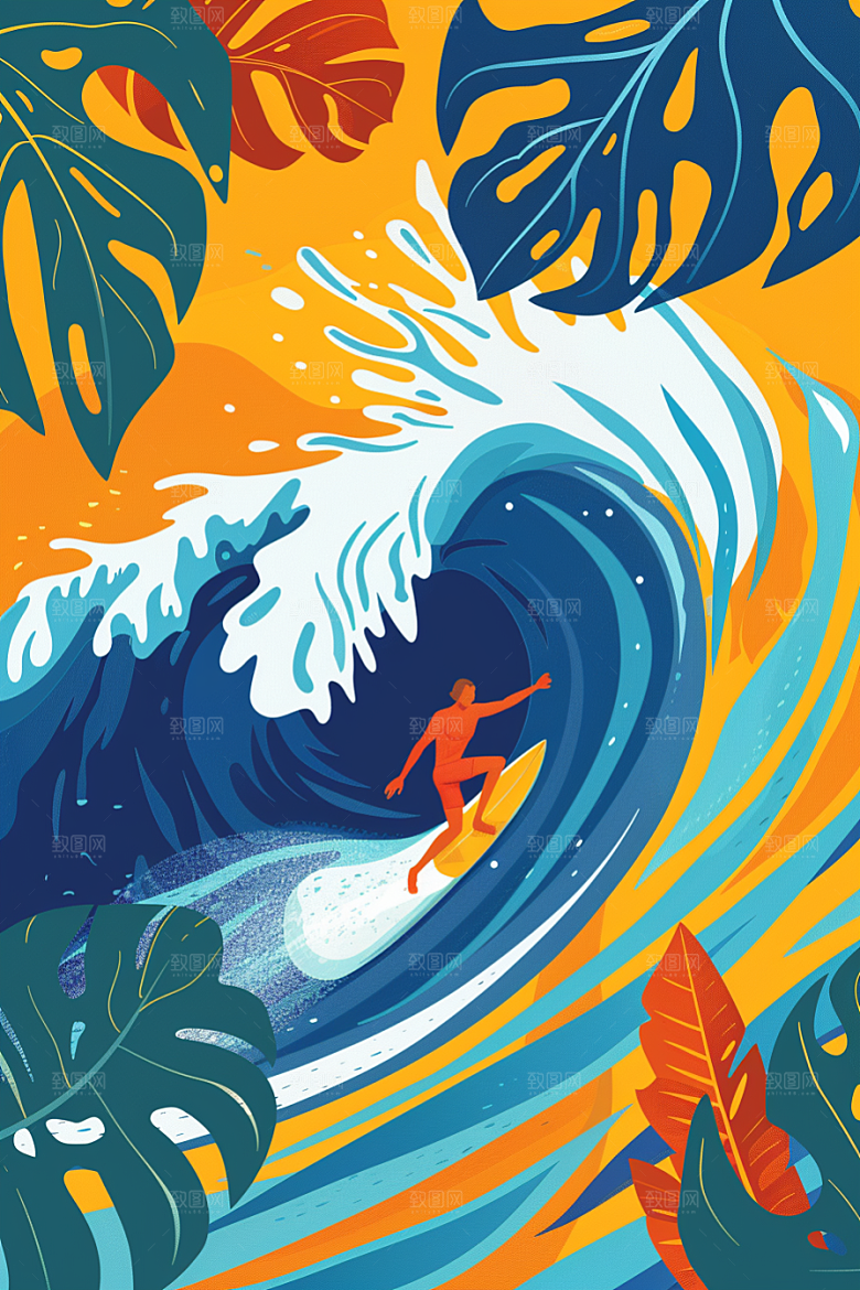 扁平风冲浪高清INS风插画