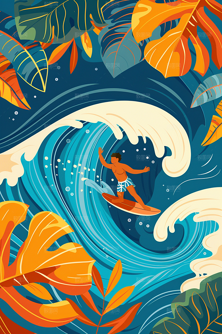 扁平风冲浪彩色玩水插画