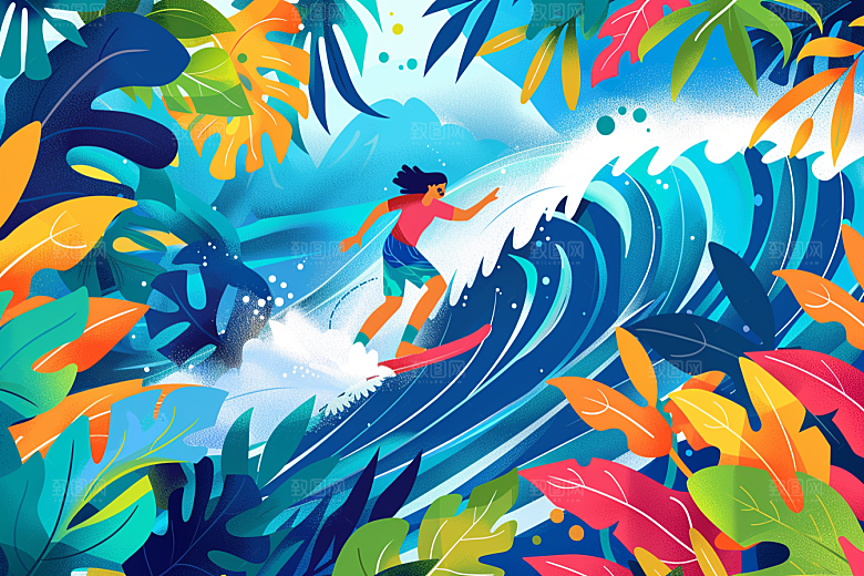 扁平风冲浪高清夏季插画