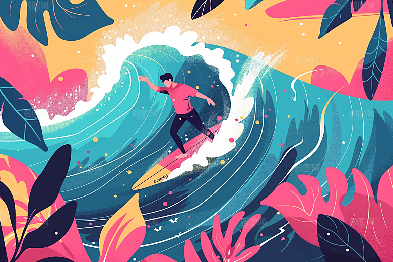 扁平风冲浪简约水上运动插画