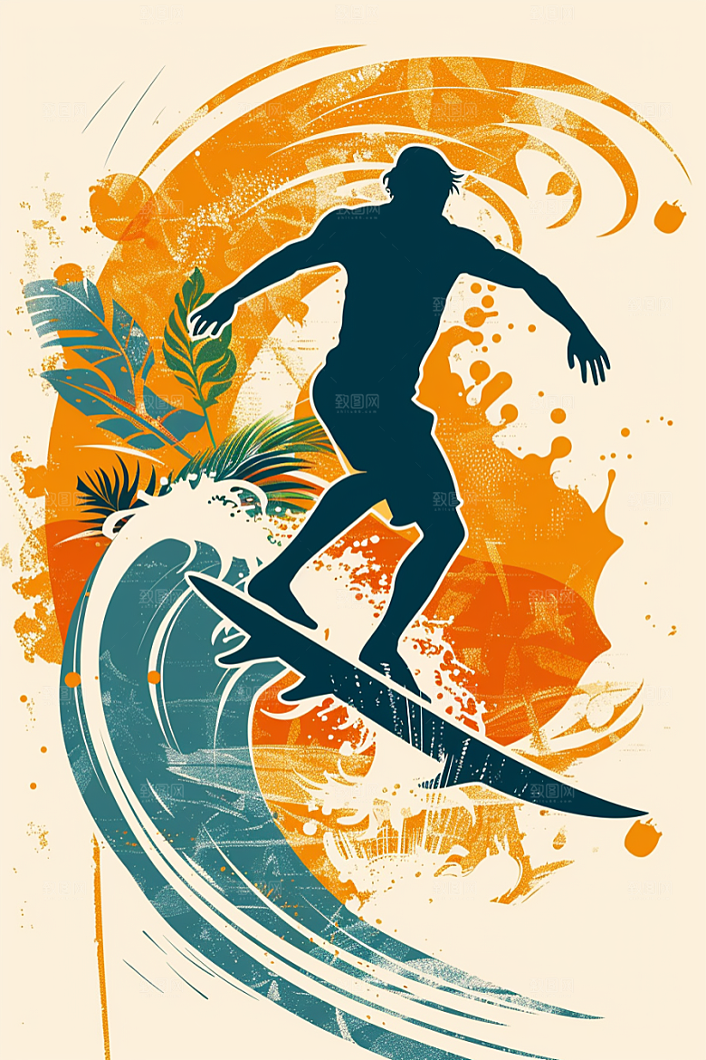 扁平风冲浪画报风运动插画