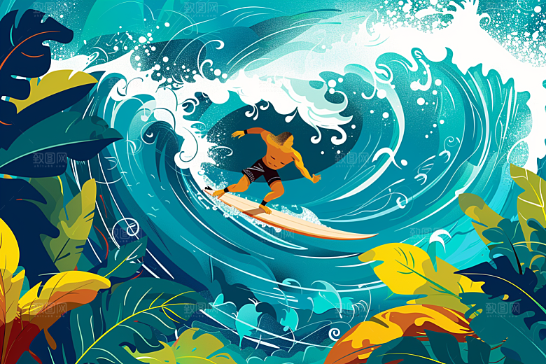 扁平风冲浪休闲海浪插画