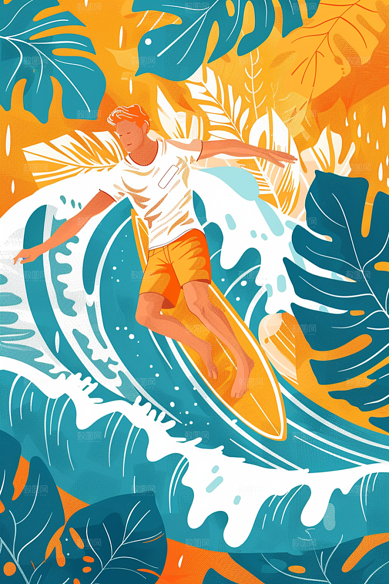 扁平风冲浪清新海浪插画