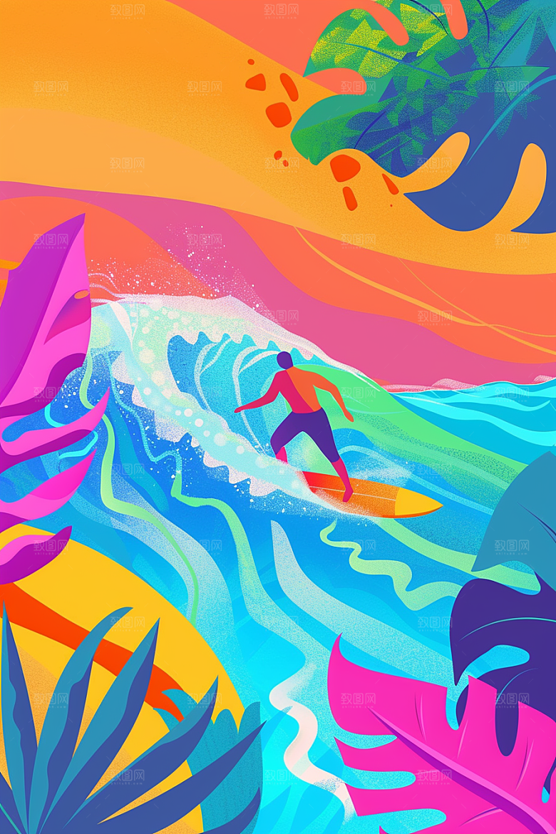扁平风冲浪INS风玩水插画