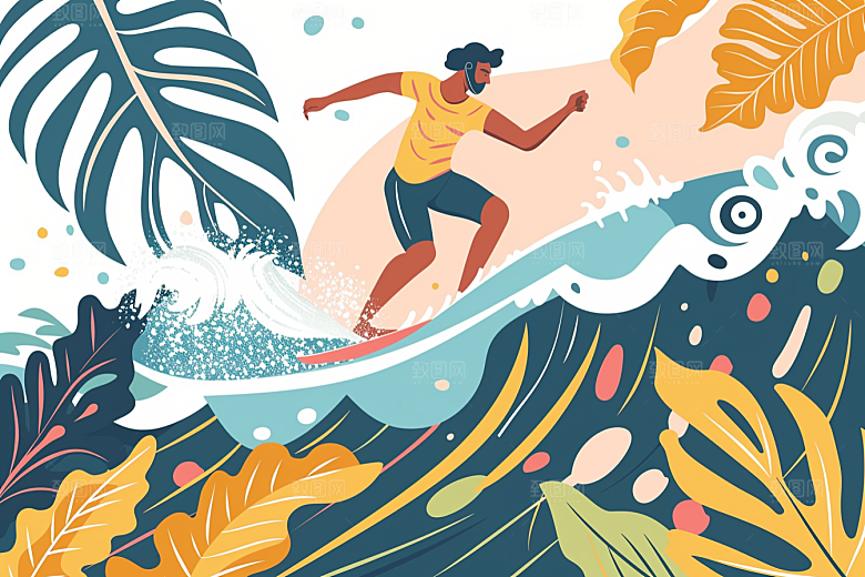扁平风冲浪画报风海边插画