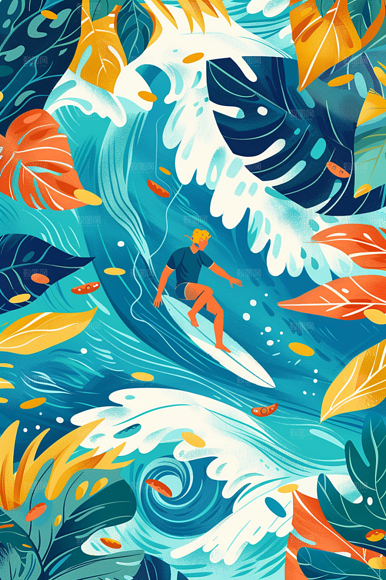 扁平风冲浪夏季体育插画
