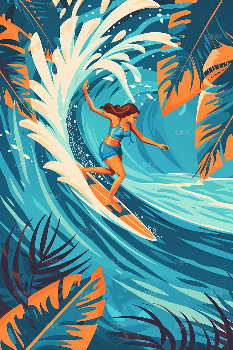扁平风冲浪海浪INS风插画
