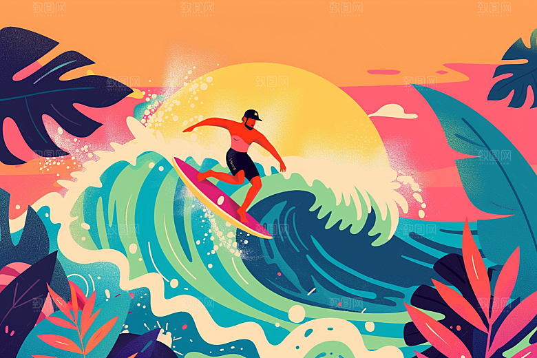 扁平风冲浪海边彩色插画