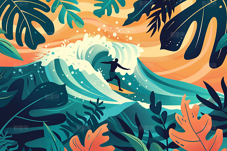 扁平风冲浪INS风水上运动插画