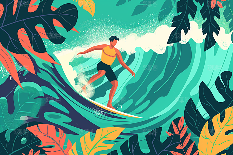 扁平风冲浪戏水夏天插画