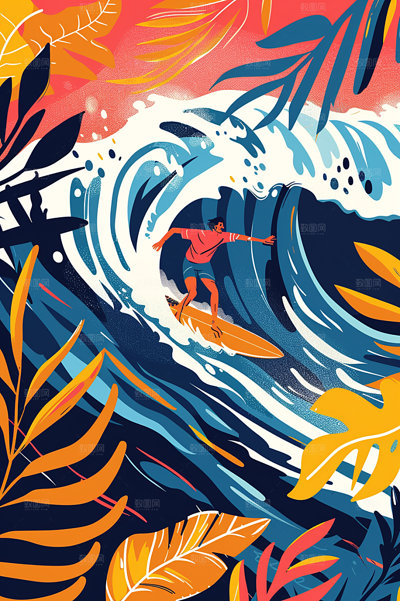 扁平风冲浪休闲清新插画