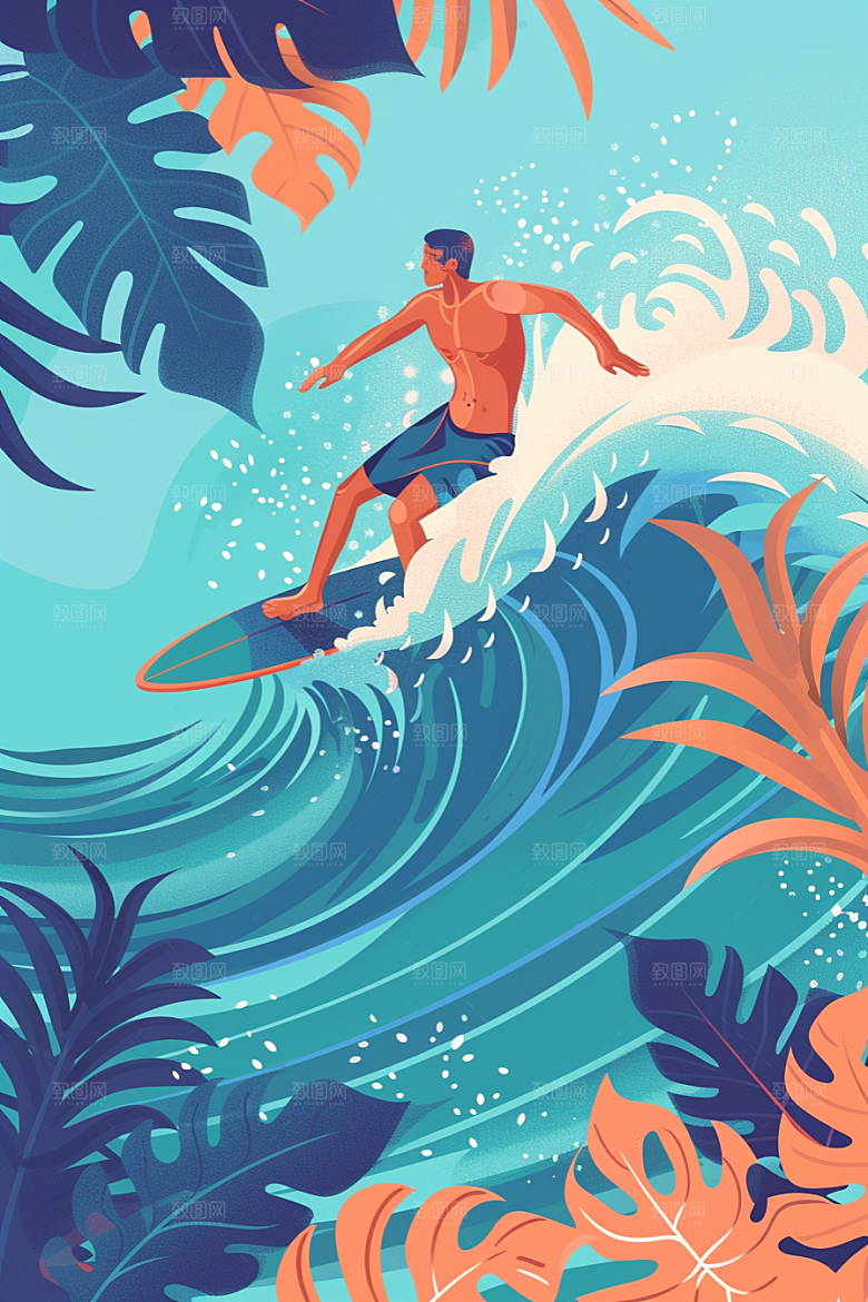 扁平风冲浪手绘夏天插画