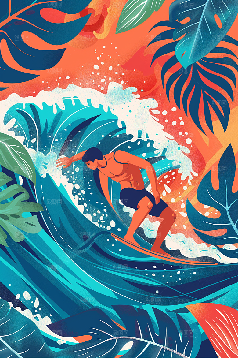 扁平风冲浪手绘自然插画