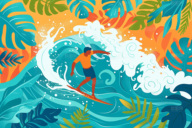 扁平风冲浪水上运动高清插画