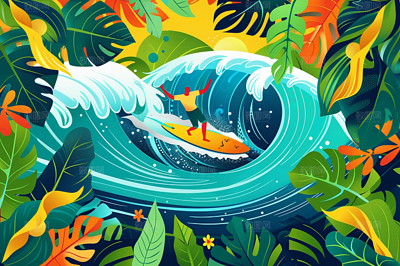 扁平风冲浪夏天运动插画