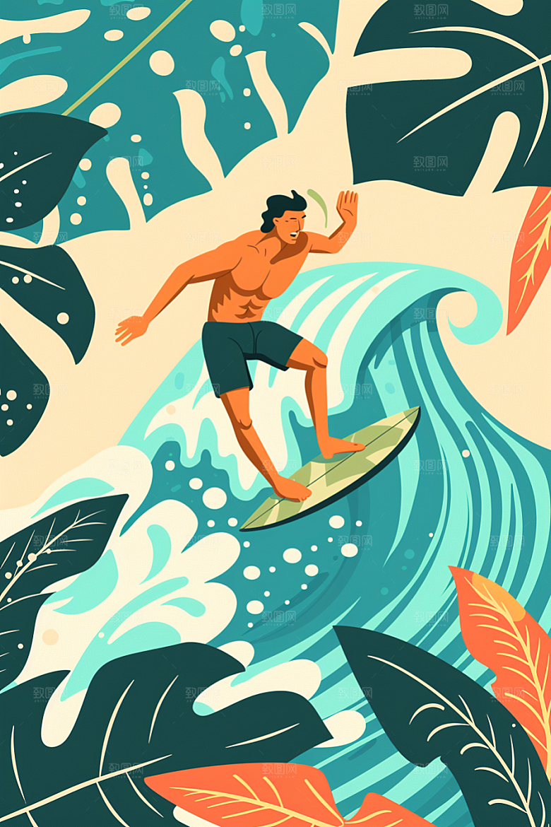 扁平风冲浪水上运动休闲插画