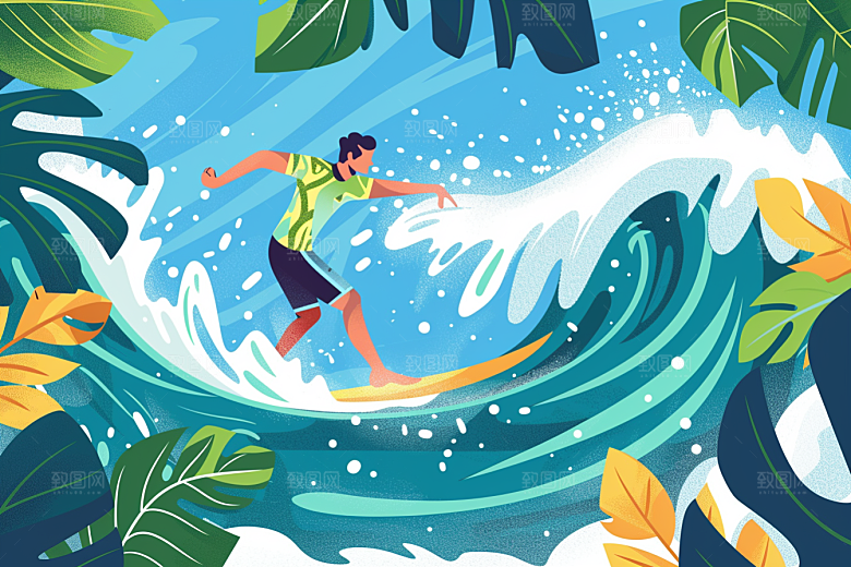 扁平风冲浪夏天戏水插画