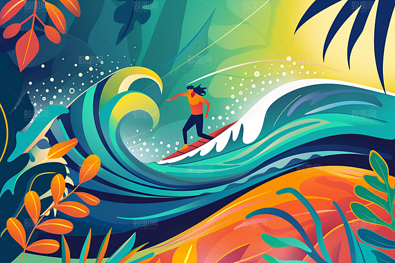 扁平风冲浪玩水体育插画