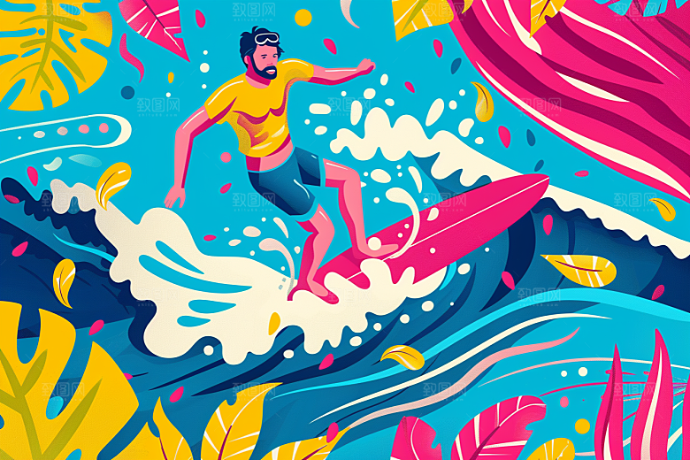 扁平风冲浪自然海浪插画