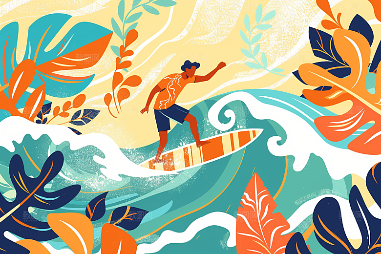 扁平风冲浪夏季手绘插画