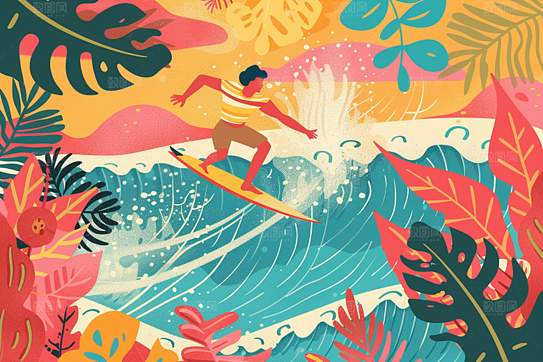 扁平风冲浪海边戏水插画