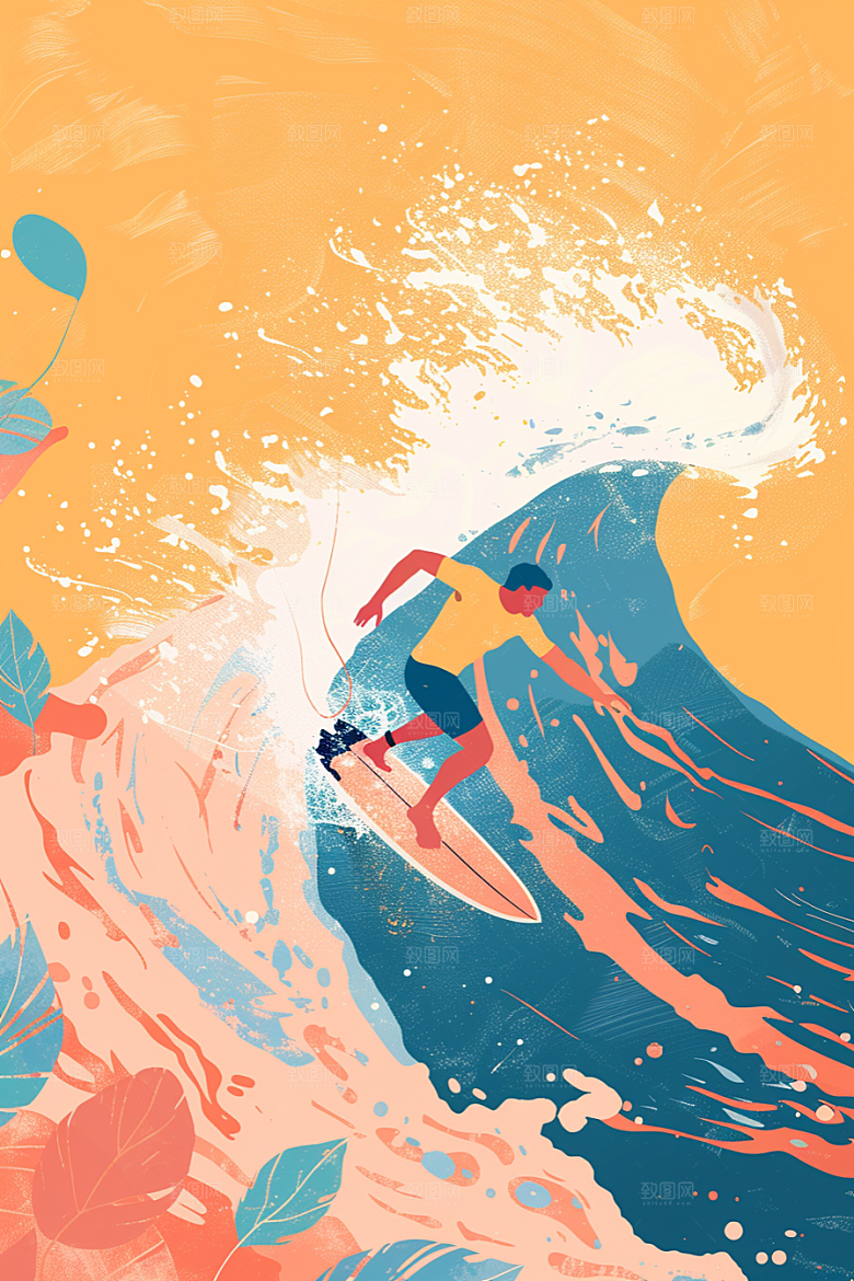 扁平风冲浪高清夏天插画