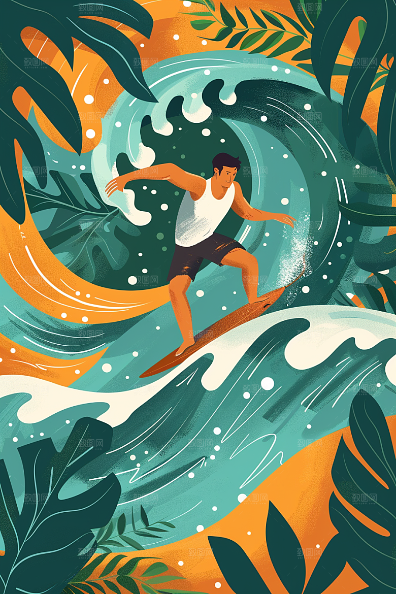 扁平风冲浪自然夏天插画