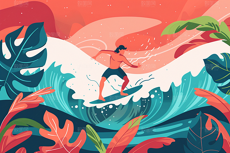 扁平风冲浪INS风清新插画
