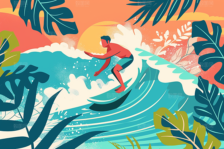 扁平风冲浪夏天自然插画