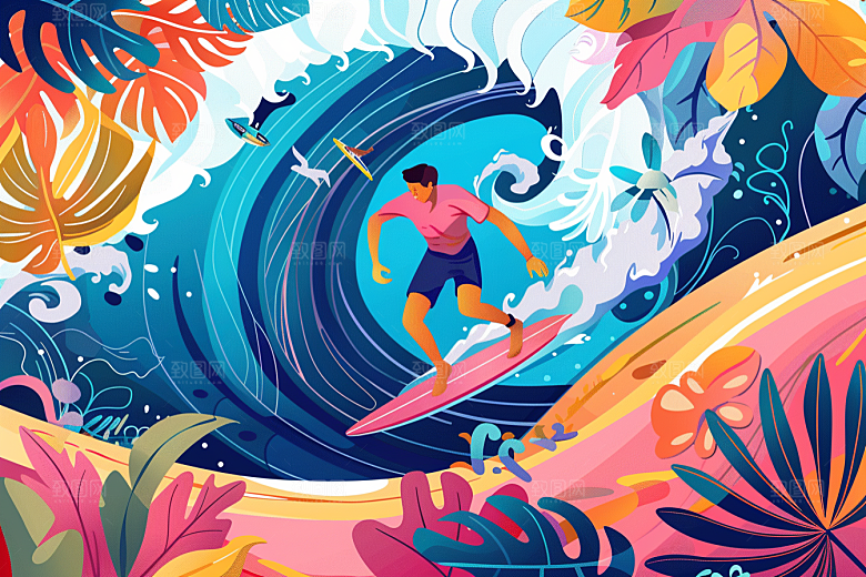 扁平风冲浪简约海边插画