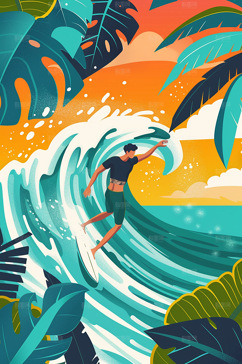 扁平风冲浪手绘简约插画