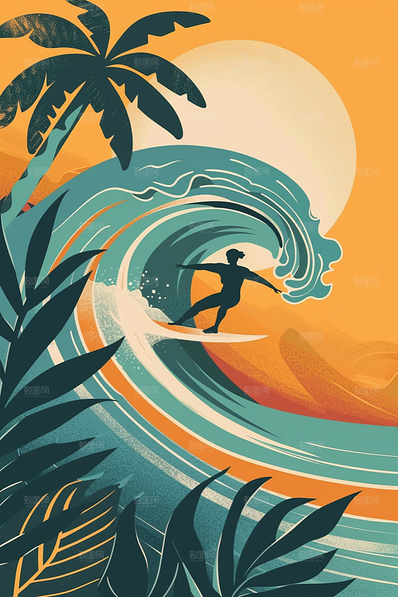 扁平风冲浪休闲水上运动插画