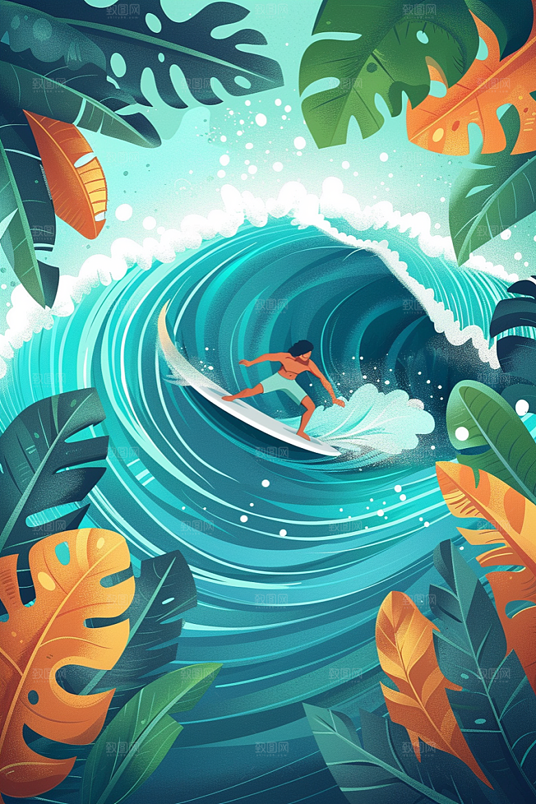 扁平风冲浪水上运动海边插画