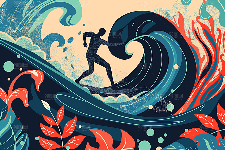 扁平风冲浪戏水运动插画