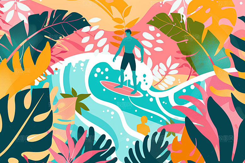 扁平风冲浪体育夏季插画
