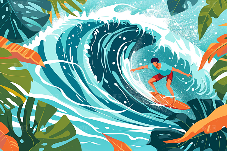 扁平风冲浪夏天戏水插画