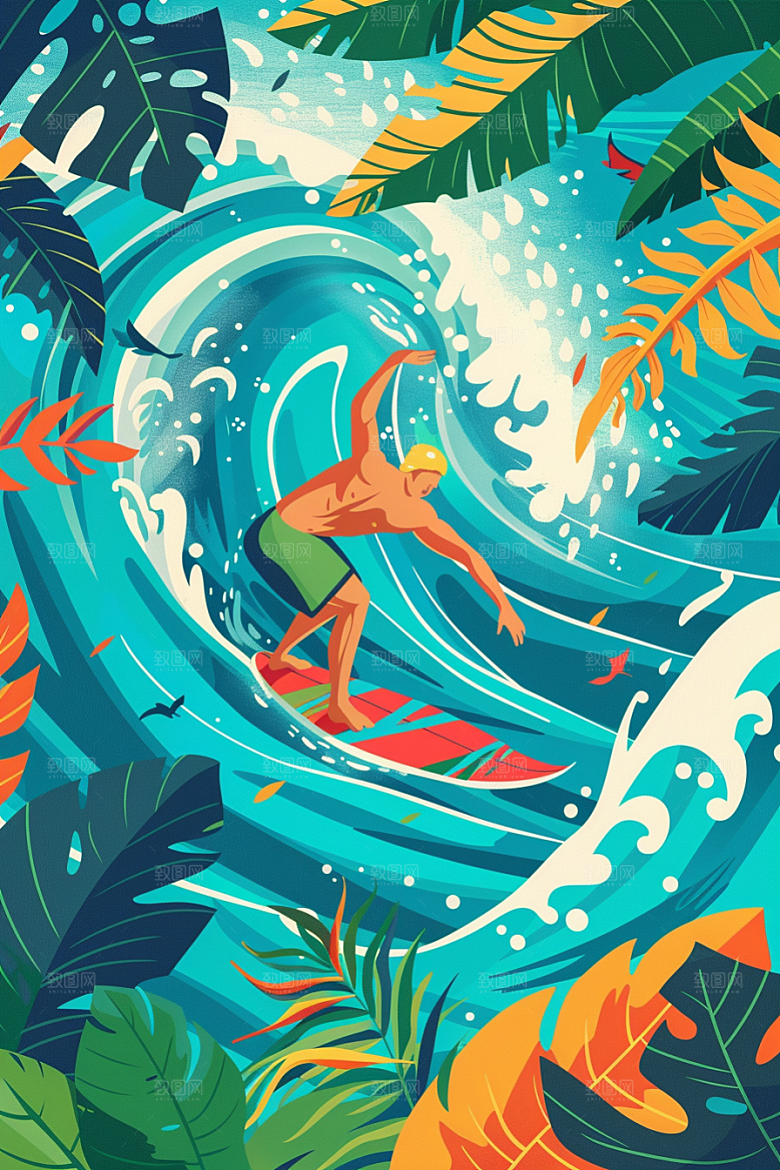 扁平风冲浪体育简约插画