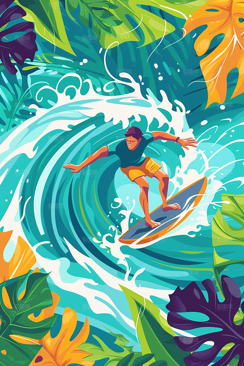 扁平风冲浪戏水夏天插画
