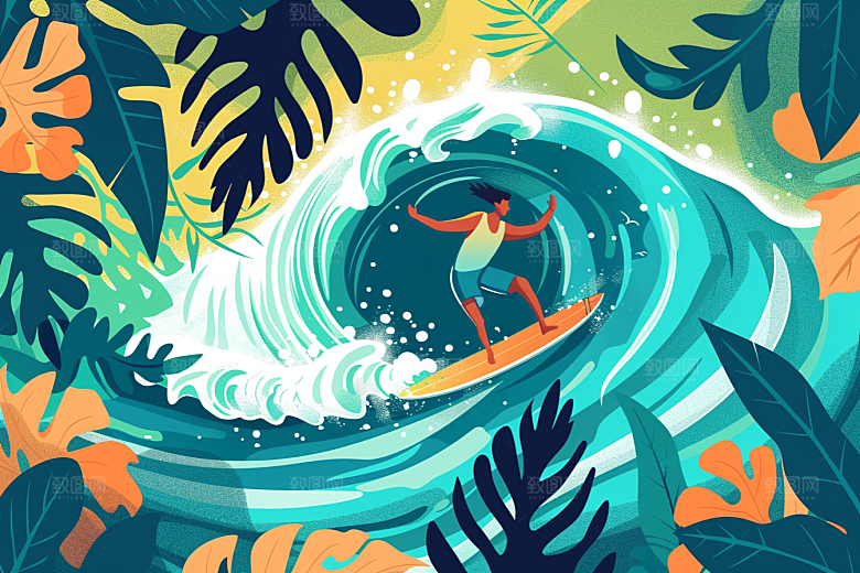 扁平风冲浪海浪高清插画