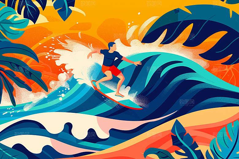 扁平风冲浪运动画报风插画