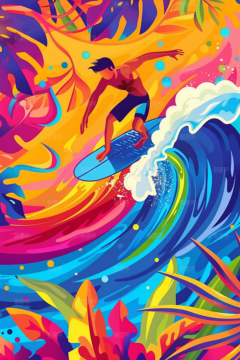 扁平风冲浪休闲海边插画