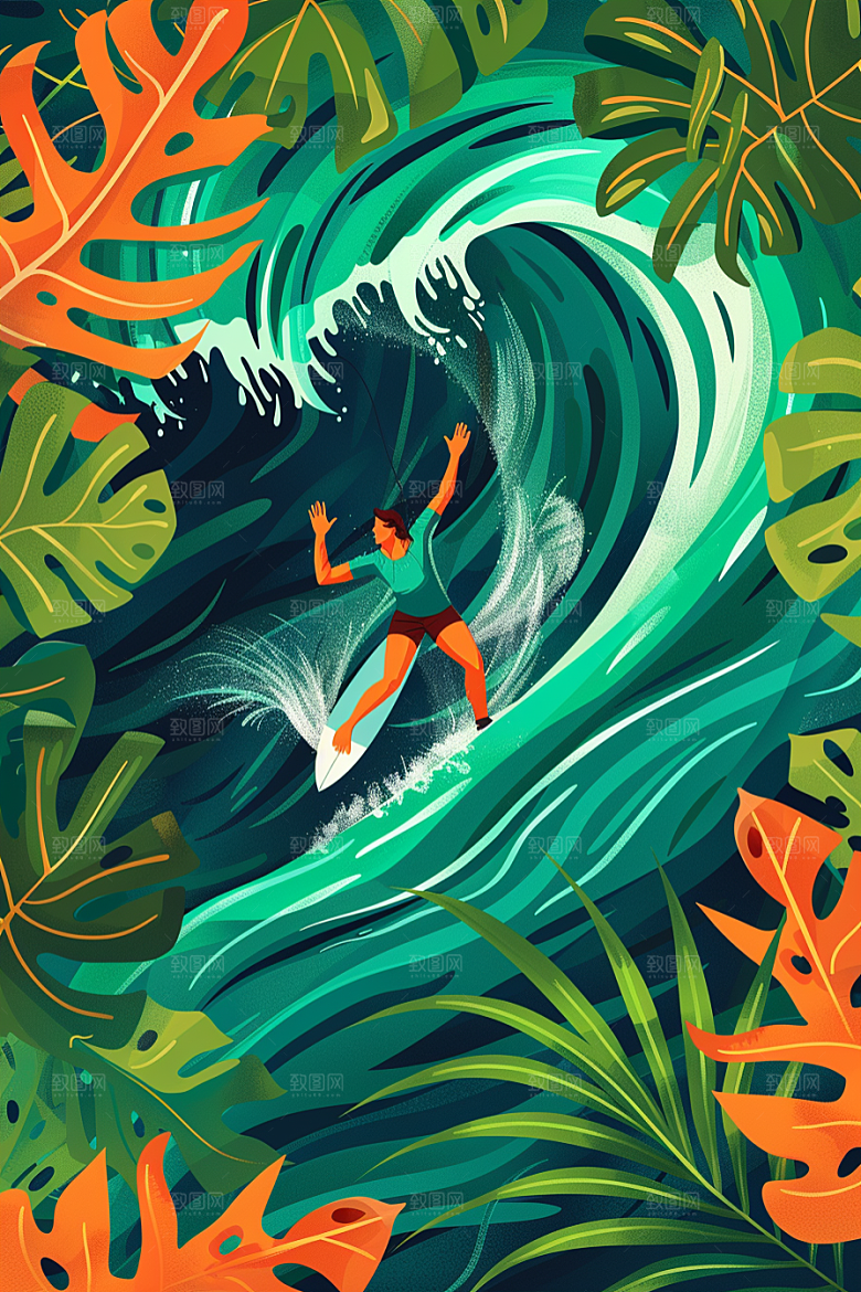 扁平风冲浪画报风简约插画
