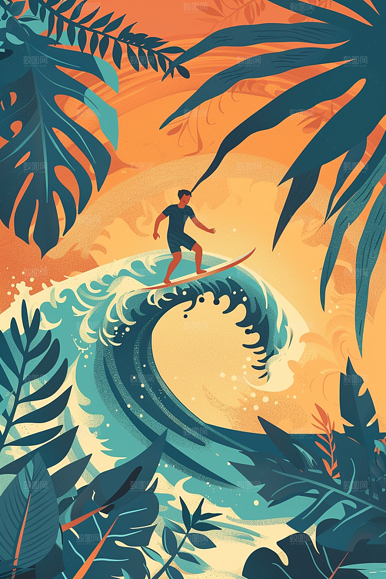 扁平风冲浪夏天高清插画
