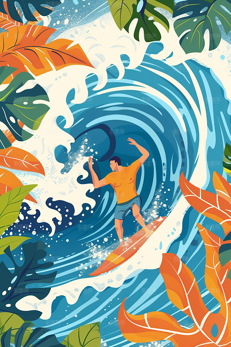 扁平风冲浪戏水手绘插画