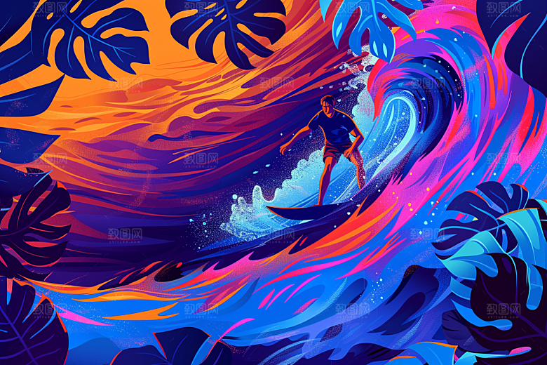 扁平风冲浪夏天INS风插画